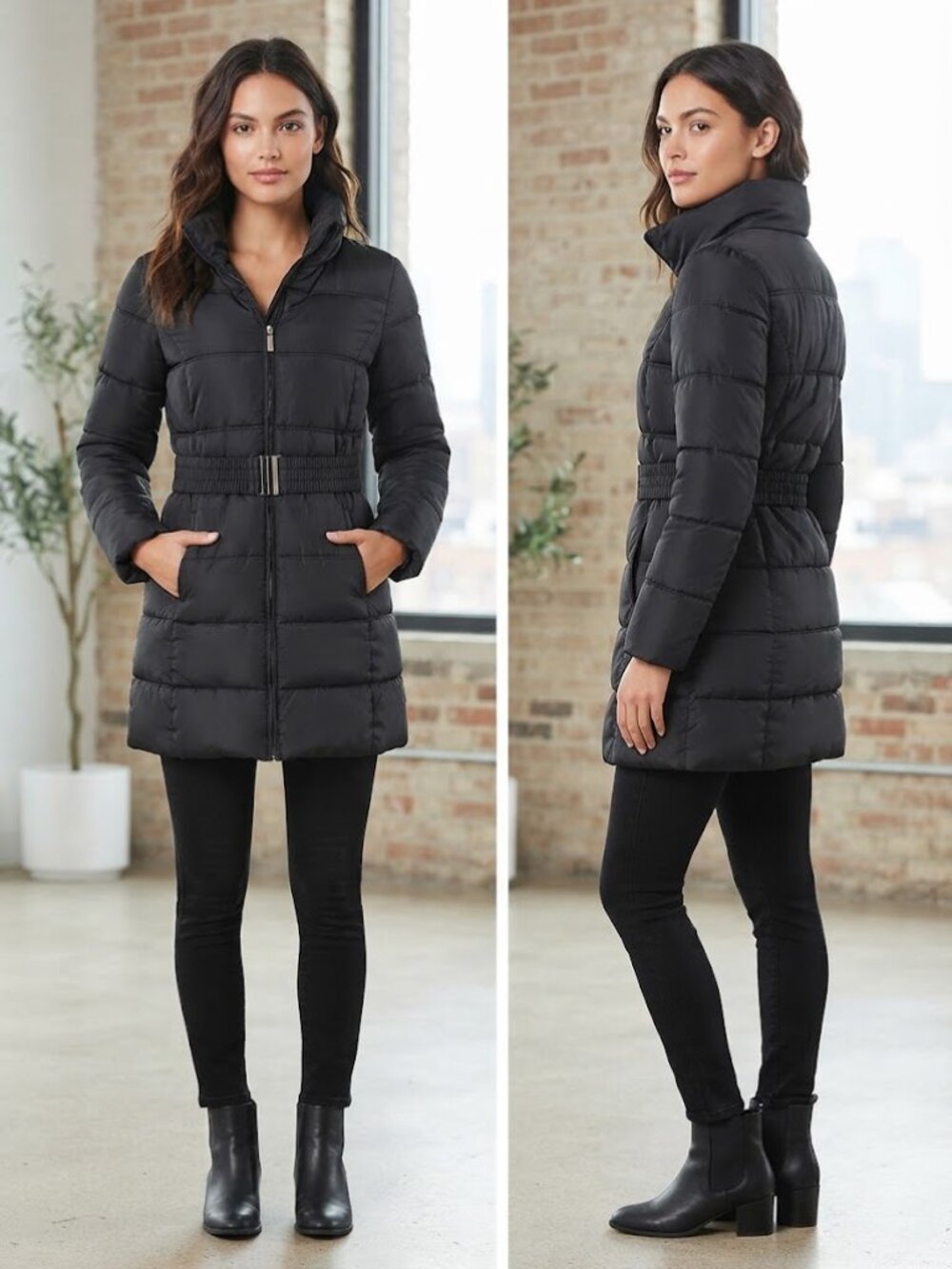 Forever 21 Black Quilted Puffer Coat with Belt Women's Long Jacket Sz Medium NEW